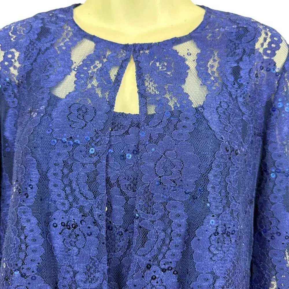 Alex Evenings Blue Lace Sleeveless Dress & Sheer Jacket Set Sequin Party sz 10